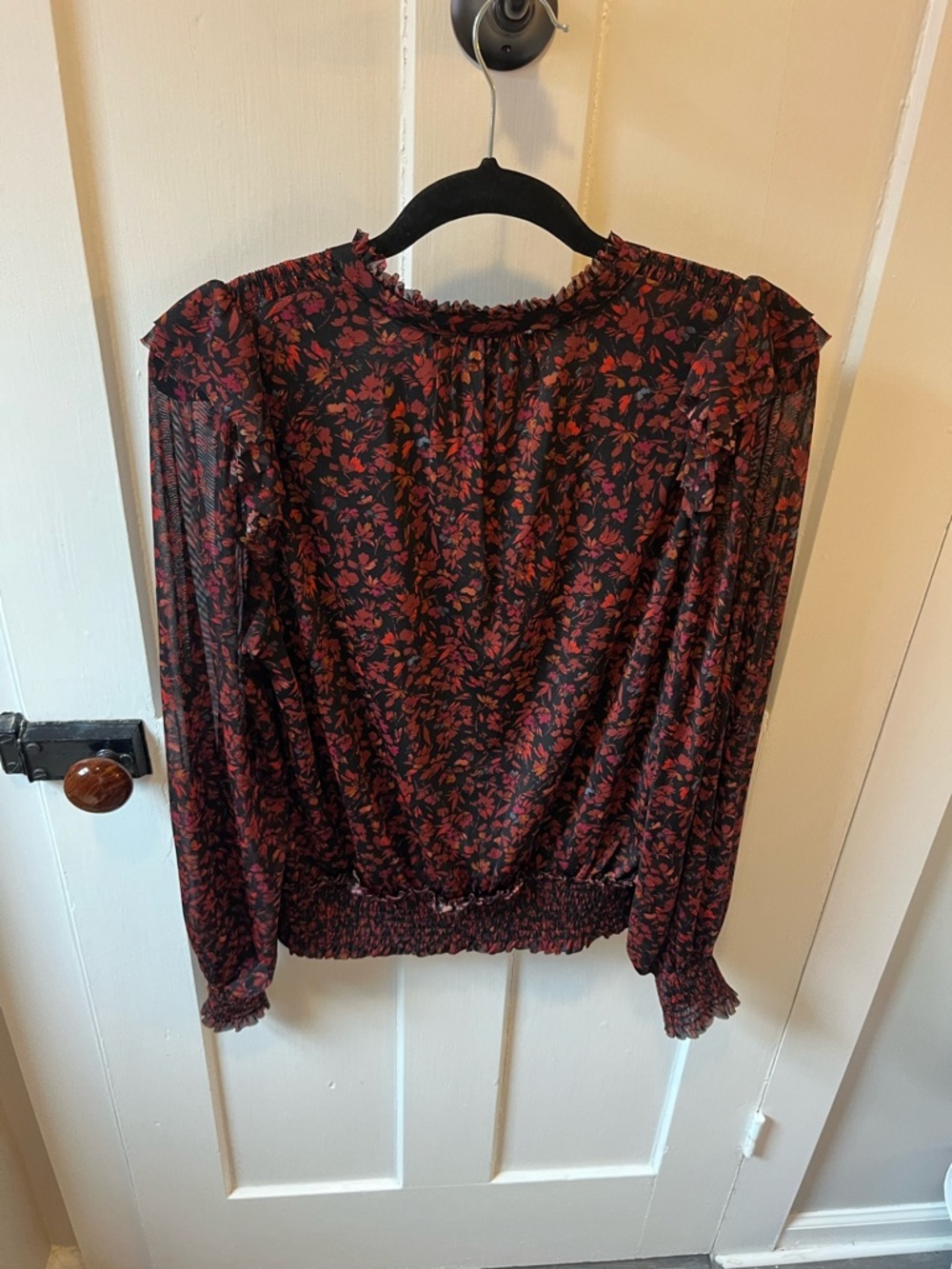 Evereve Koda Floral Smocked Collar V-Neck Long Sleeve Mesh Blouse M - Picture 5 of 8